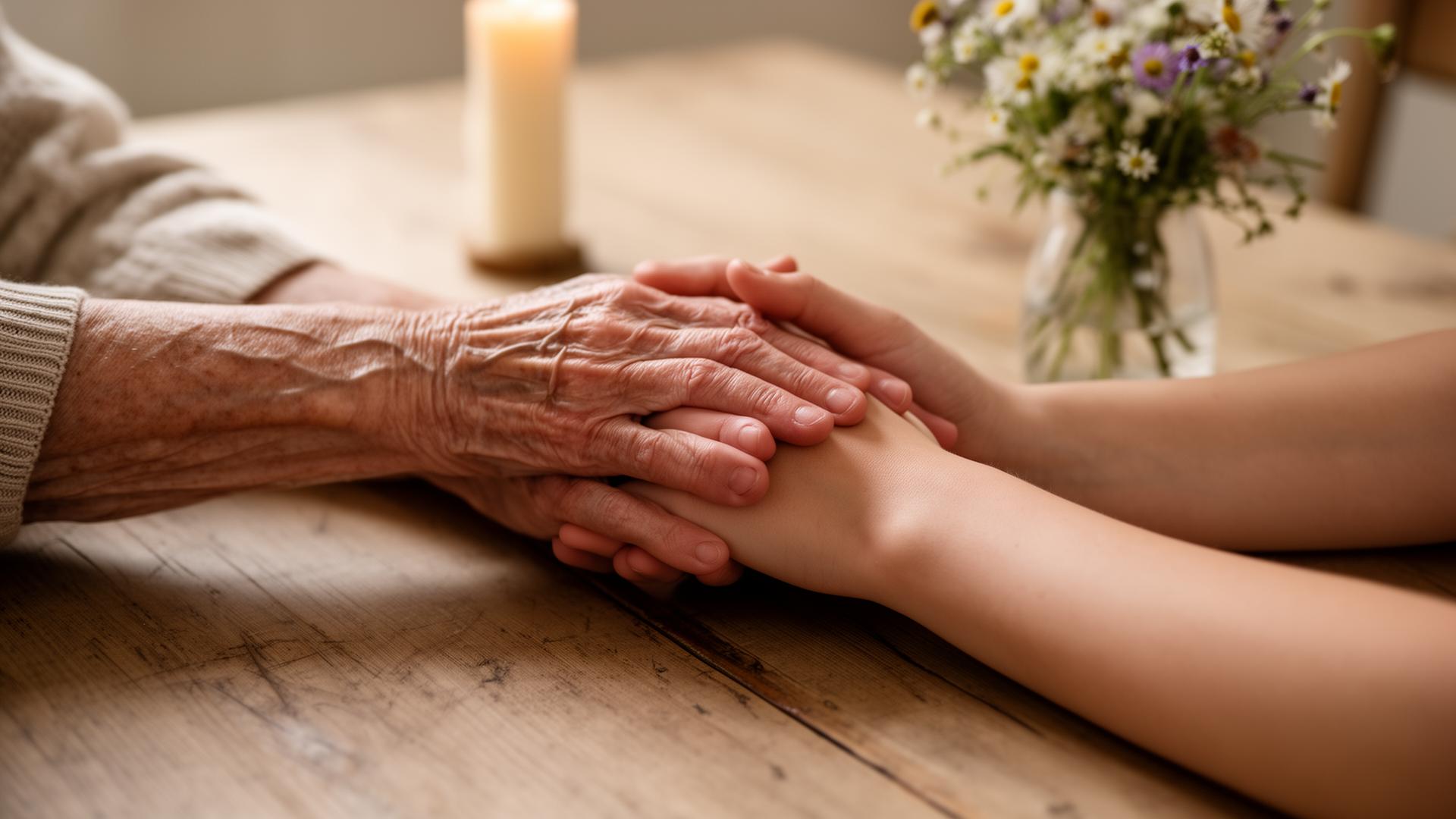 An older hand and a younger hand resting together on a wooden table beside a candle and wildflowers.