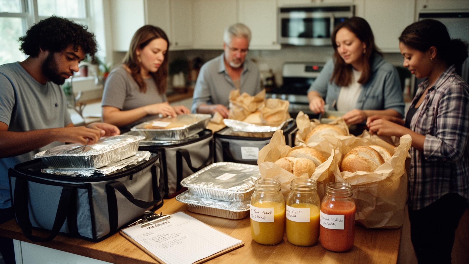 Members of a church community gathered around a kitchen table preparing meals and bread together.