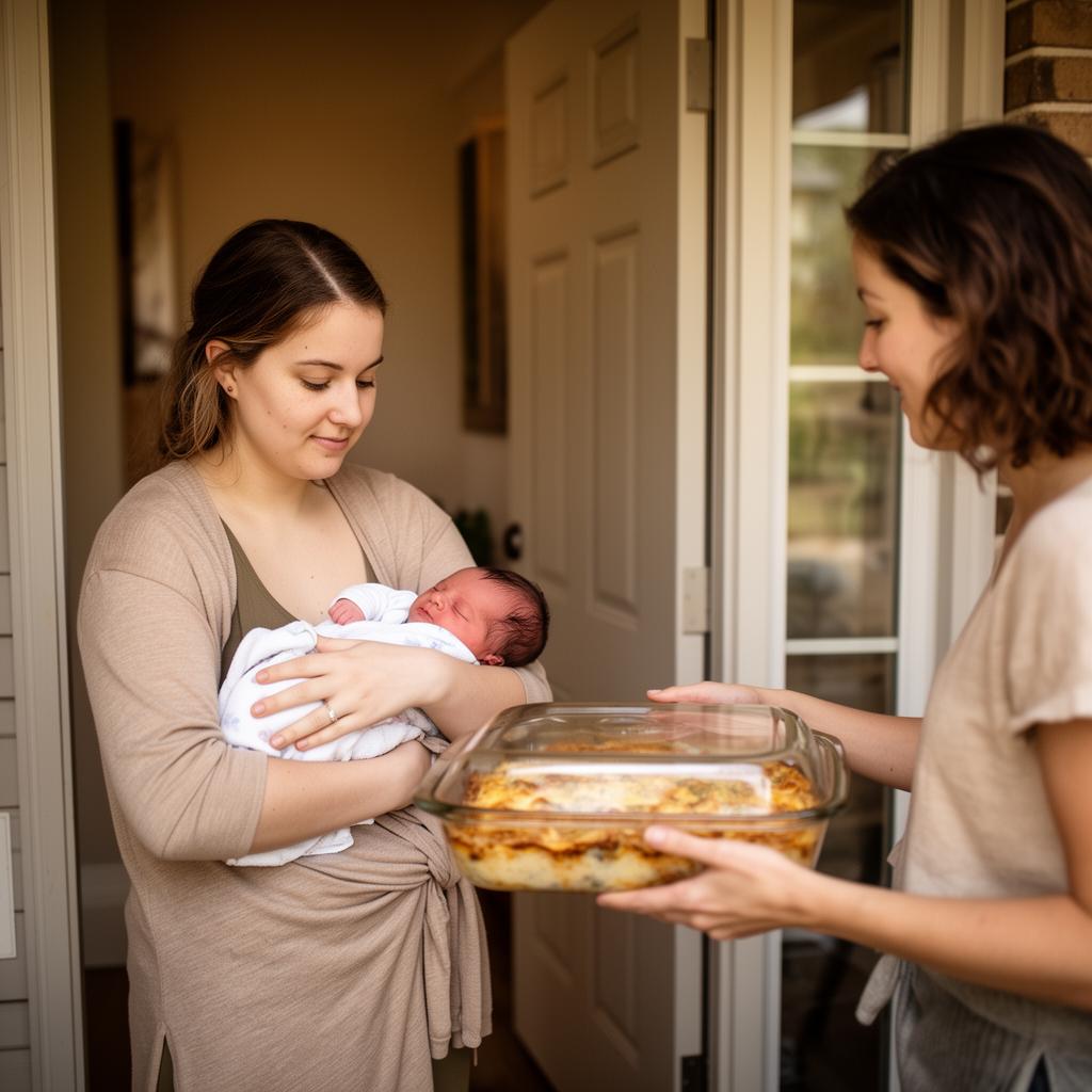 A friend delivering a homemade casserole to a new mother holding her newborn at the front door.